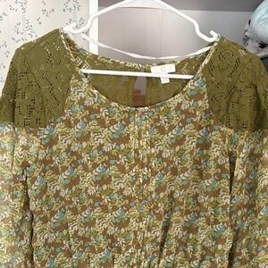 Charming Charlie Olive Green Floral Blouse with Crochet Shoulders